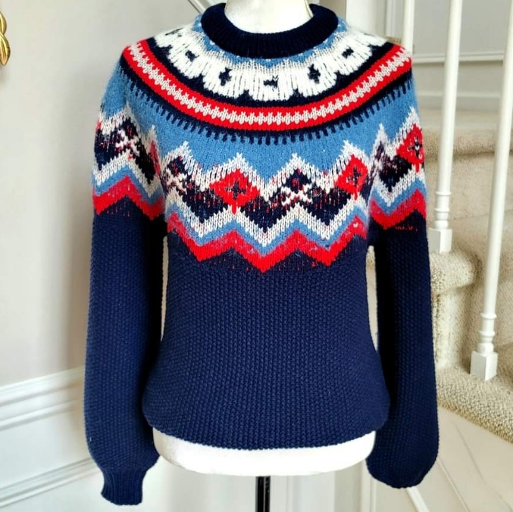 New! J Crew sz XL X-Large Zigzag Fair Isle Navy Blue Sweater NWT